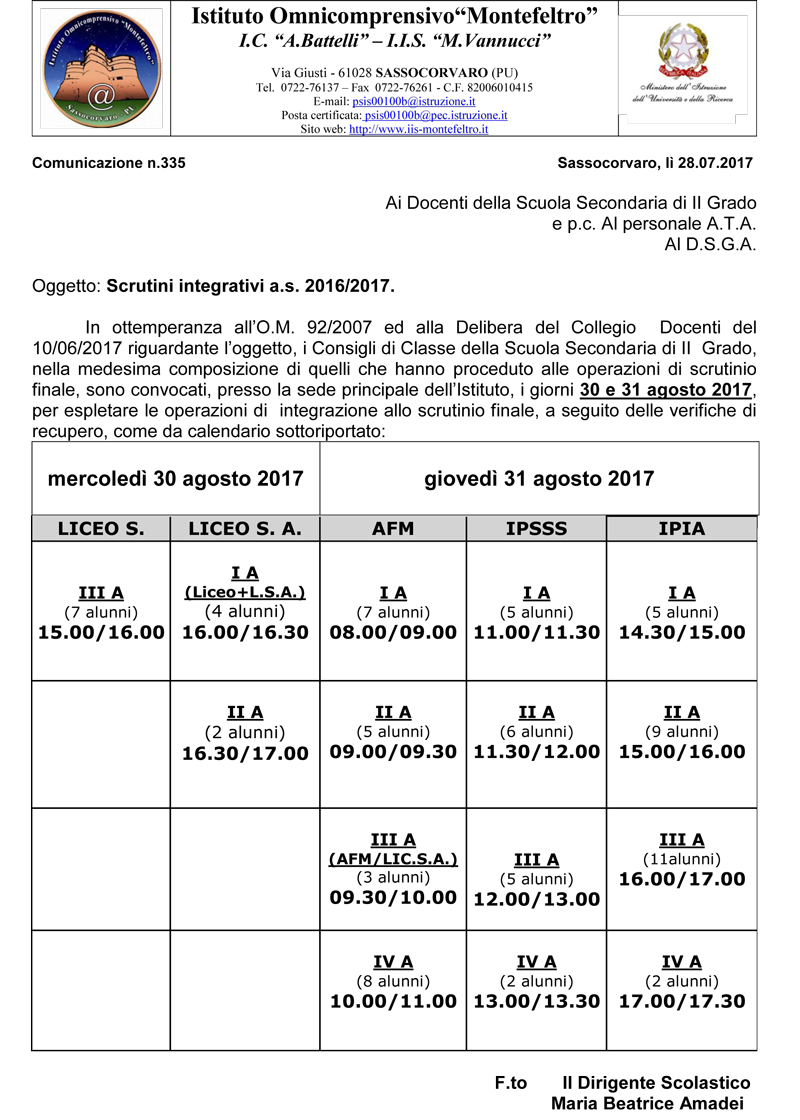 Calendario Scrutini Integrativi 2016/17